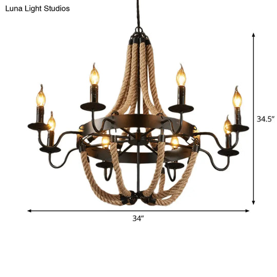 Countryside Hanging Chandelier With 6/8 Brown Bulbs And Hemp Rope Basket Pendant Design