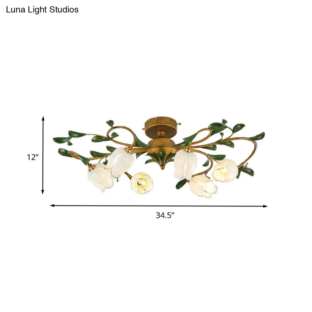 Countryside Lily/Tulip Metal Ceiling Fixture Led Flush Mount Lighting - 6/8 Bulbs Brass Finish