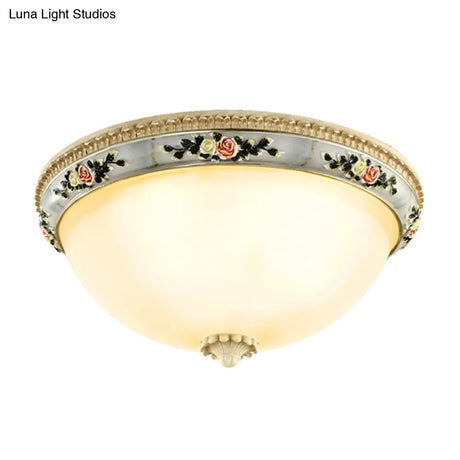 Countryside Opal Glass Grey Flush Mount Dome Ceiling Light Fixture With Floral Trim Decor - 2/3
