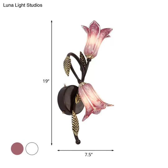 Countryside Opal Glass Wall Sconce With White/Purple Petunia Design - 2-Bulb Bedroom Lighting