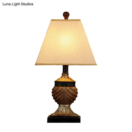 Countryside Resin Table Lamp With Urn-Shaped Base Brown Finish 1 Head And Conical Fabric Shade