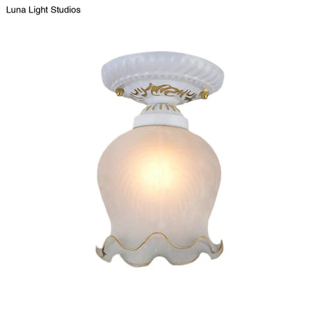 Countryside Scalloped Ceiling Flush Light Fixture In White - Ribbed Opal Glass 1 Bulb