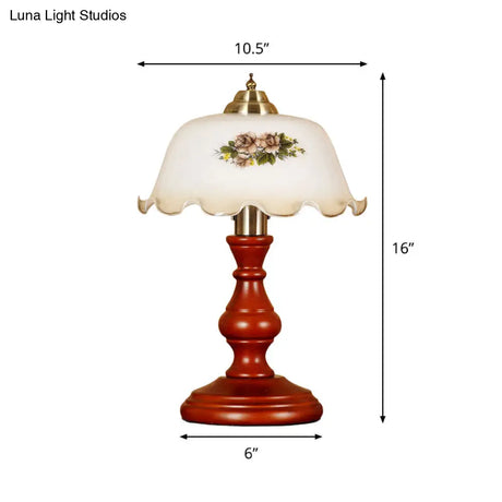 Countryside Wood Baluster Night Light - Red Brown Lounge Table Lamp With Opal Glass Lampshade