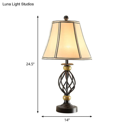 Cozy Countryside Flare Fabric Table Lamp With Swirled Black Cage Base - Perfect Night Light For