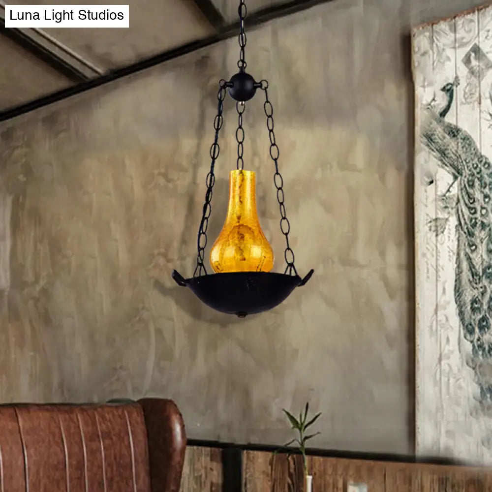 Crackle Glass Hanging Vintage Vase Pendant Light In Black/Brown