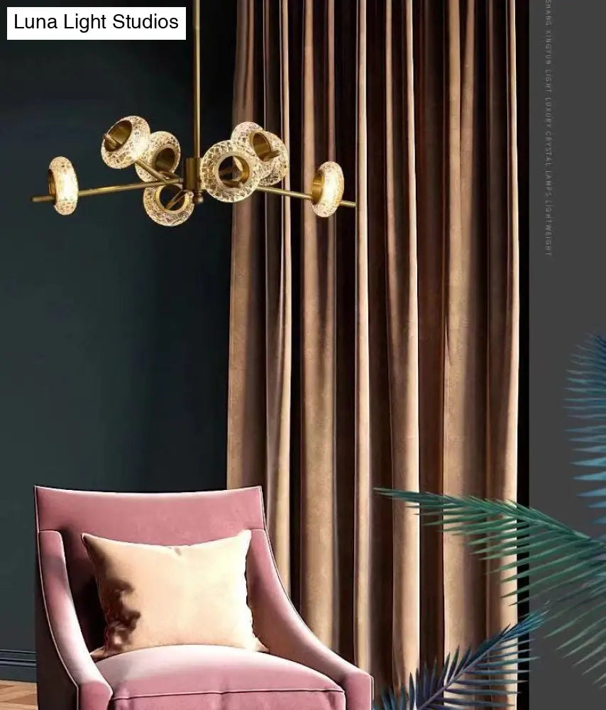 Crackled Crystal Glass Rings Pendant Chandelier With Postmodern Brass Finish - Perfect For A Diner