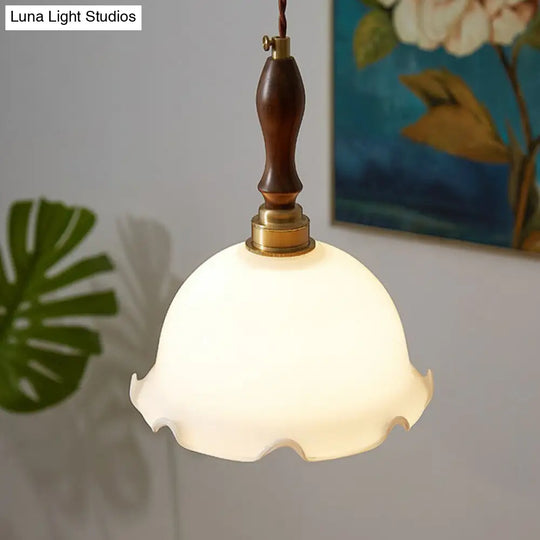 Retro Style Cream Glass Pendant Light With Ruffle Edge Suspension For Dining Room