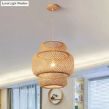 Criss-Cross Woven Bamboo Lantern Pendant Asian Style Hanging Light In Black/Beige 15’/19.5’ W