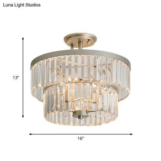 Crystal 2-Tier Cylinder Semi Flush Light - Modern Ceiling Lamp For Dining Room