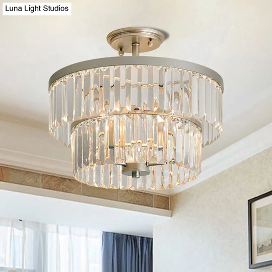 Crystal 2-Tier Cylinder Semi Flush Light - Modern Ceiling Lamp For Dining Room Clear