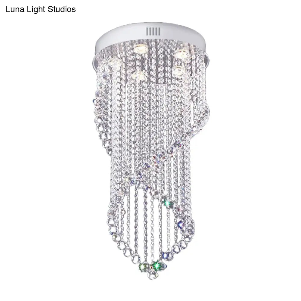 Crystal Ball Spiral Flush Mount Ceiling Light With 5 Minimalist Lights - Nickel Finish For Bedroom