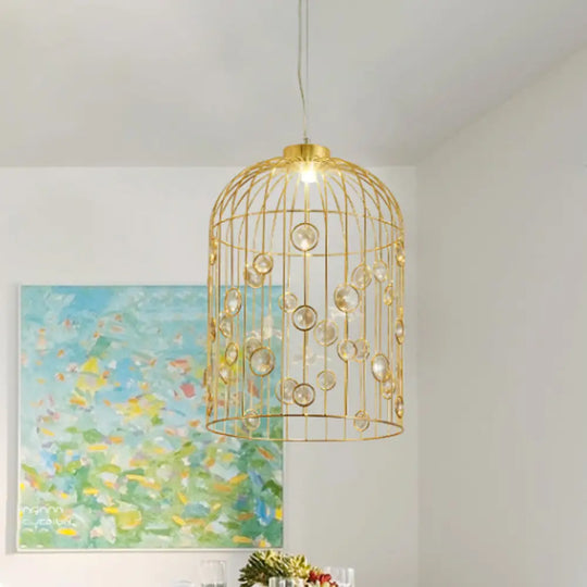 Crystal Bead Pendant Chandelier With Metal Bird Cage Design For Dining Room Lighting Gold / 12’
