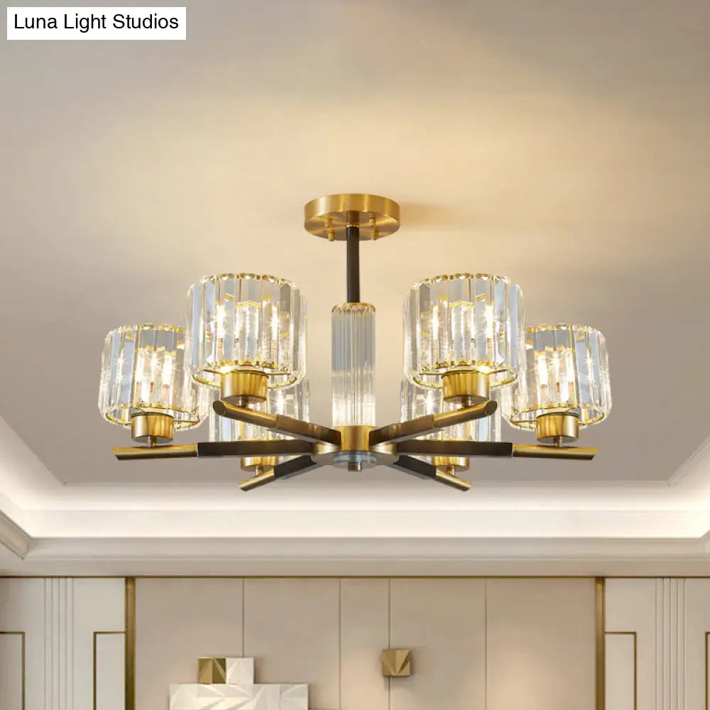 Crystal Block Ceiling Light With 3/6 Semi - Mounted Cylinder Lights In Black And Gold