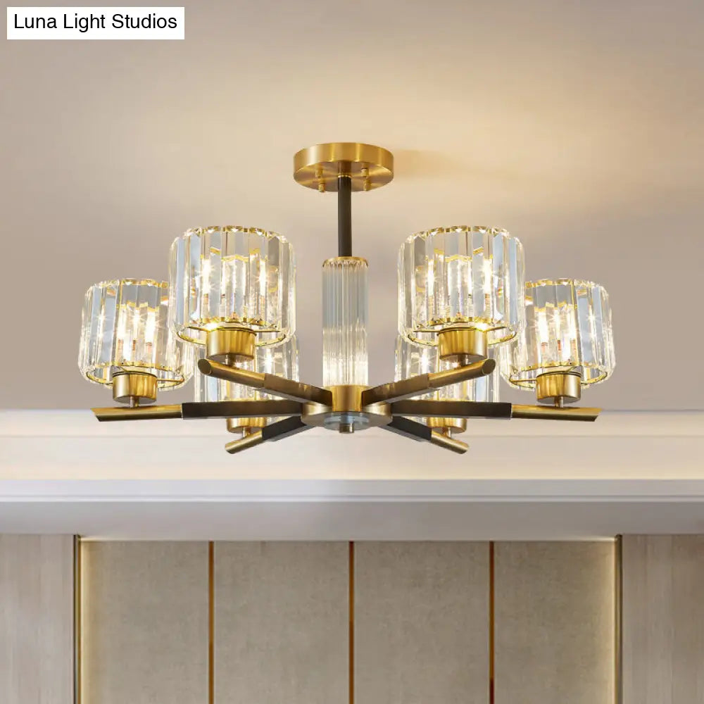 Crystal Block Ceiling Light With 3/6 Semi-Mounted Cylinder Lights In Black And Gold 6 / Black-Gold