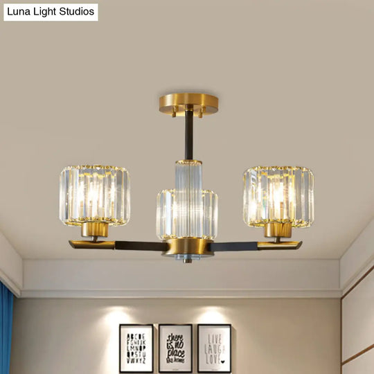 Crystal Block Ceiling Light With 3/6 Semi - Mounted Cylinder Lights In Black And Gold