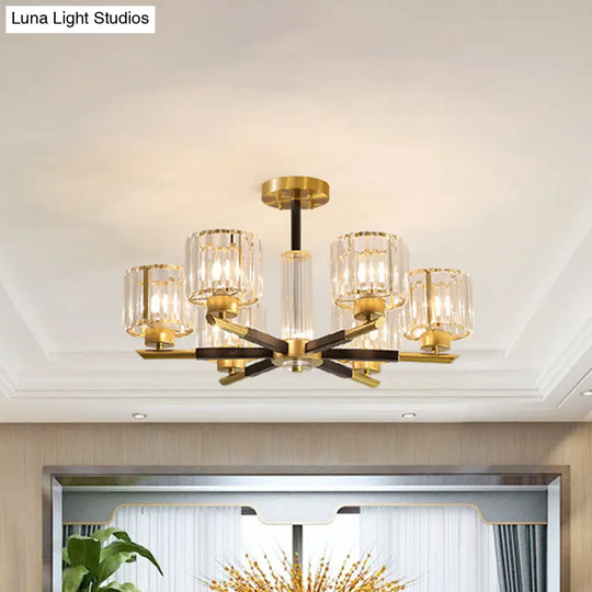 Crystal Block Ceiling Light With 3/6 Semi-Mounted Cylinder Lights In Black And Gold
