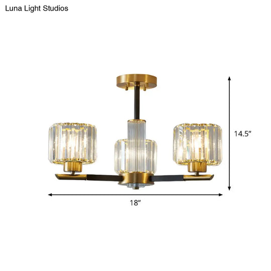Crystal Block Ceiling Light With 3/6 Semi-Mounted Cylinder Lights In Black And Gold