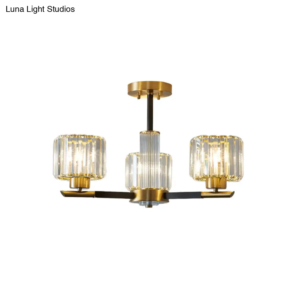 Crystal Block Ceiling Light With 3/6 Semi-Mounted Cylinder Lights In Black And Gold