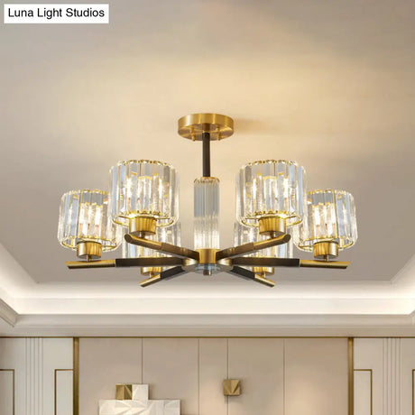 Crystal Block Ceiling Light With 3/6 Semi - Mounted Cylinder Lights In Black And Gold