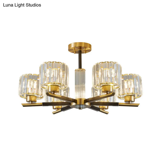 Crystal Block Ceiling Light With 3/6 Semi - Mounted Cylinder Lights In Black And Gold