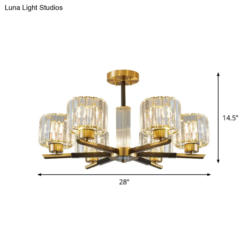 Crystal Block Ceiling Light With 3/6 Semi - Mounted Cylinder Lights In Black And Gold