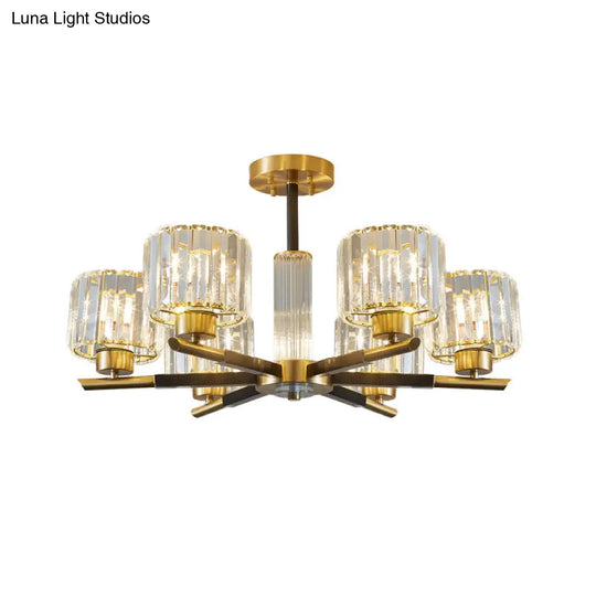 Crystal Block Ceiling Light With 3/6 Semi-Mounted Cylinder Lights In Black And Gold