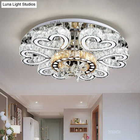Crystal Block Flush Mount Ceiling Light With Chrome Heart - Shaped Led For Contemporary Sitting Room