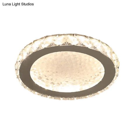 Crystal Block Led Circle Flush Mount Lamp: Sleek Chrome Design Warm/White Corridor Ceiling Lighting