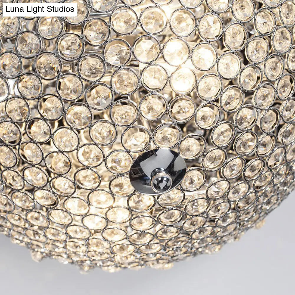 Crystal Bowl Flush Mount Ceiling Light Fixture For Elegant Dining Room - Chrome Finish