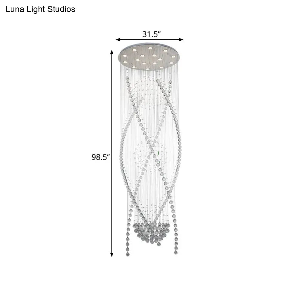 White Crystal Stair Cluster Pendant Light - Contemporary Hanging Lamp With 12 Bulbs