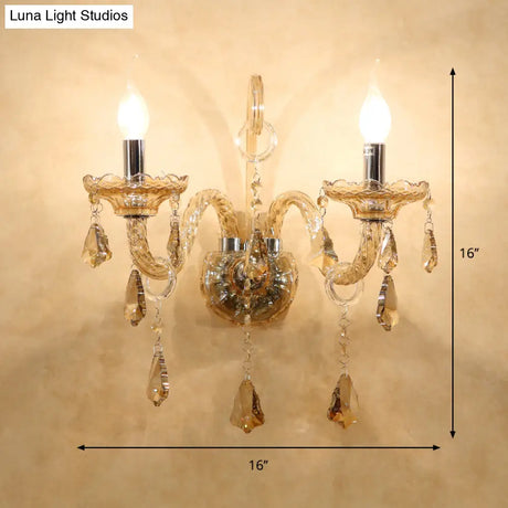 Crystal Cognac Candle Wall Sconce With Curved Glass Arm For Living Room Antique 2 Bulbs