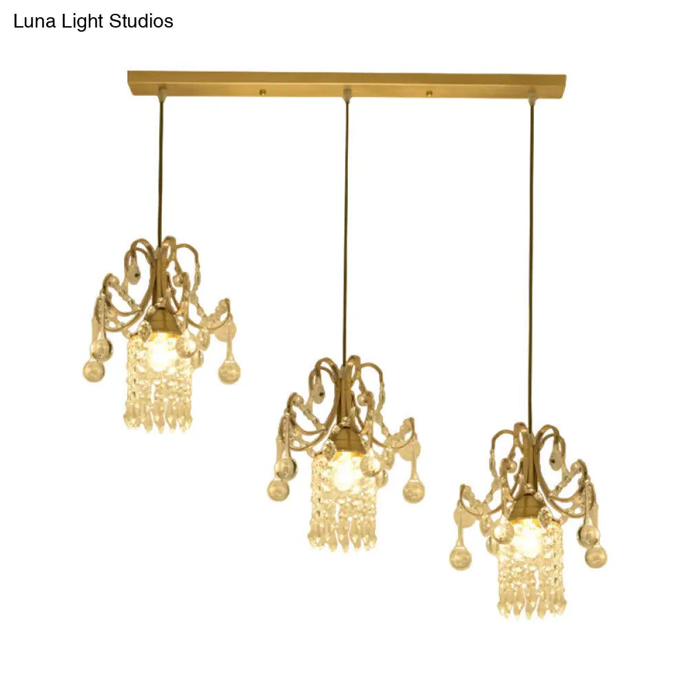 Crystal Drip Cylindrical Island Pendant - Minimalist Brass Suspension Lamp For Dining Table