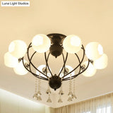 Crystal Drop Globe Ceiling Light Fixture With Rustic Metal And Multiple Heads For Living Room
