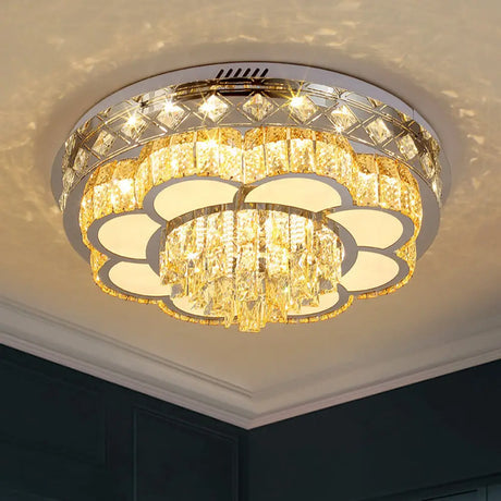 Crystal Faceted Cut Ceiling Flush Mount Led Light In Chrome For Modernist Living Room / C