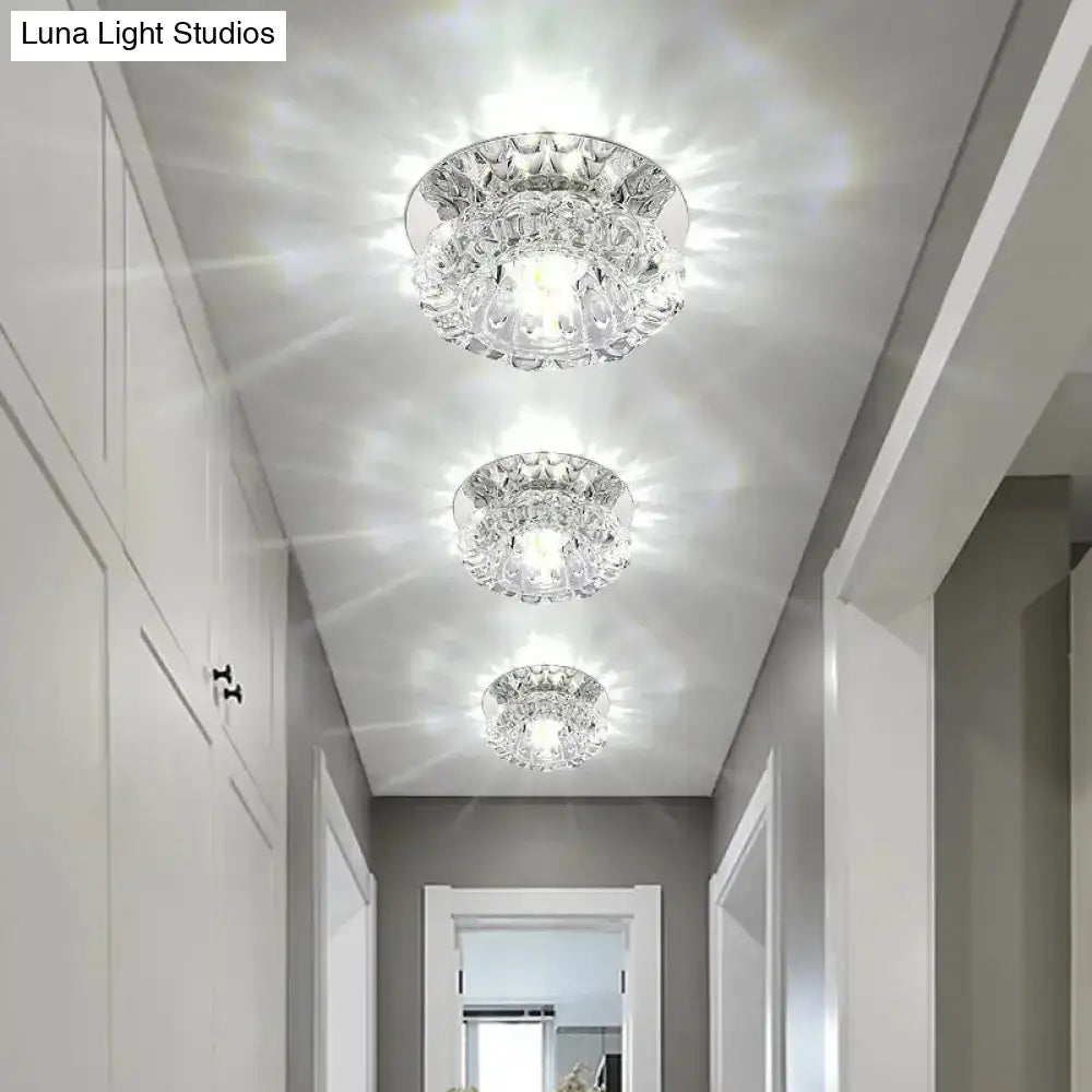 Crystal Floral Ceiling Mount Light: Modern Led Chrome Flush Porch Fixture / Warm