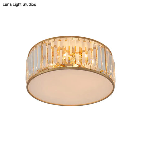 Crystal Flush Mount Lighting With Drum Shade - Gold 3/4/5 Lights 12.5’/16.5’/20.5’ Wide