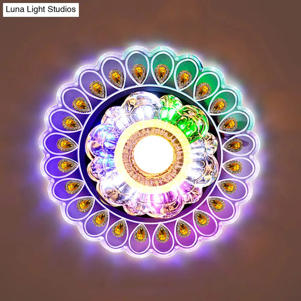 Crystal Led Flushmount Ceiling Light With Peacock Tail Edge - Elegant & Simplistic