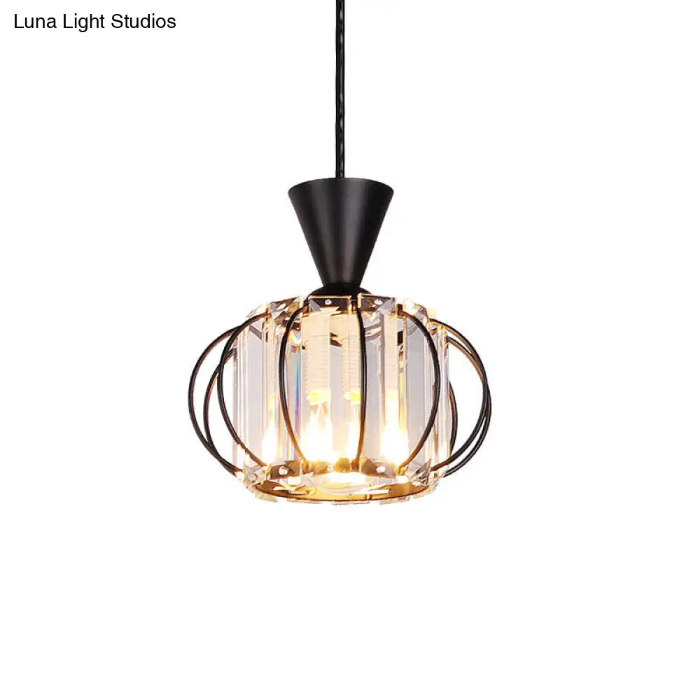 Modern Crystal Prism Pendant Light With Lantern Shade In Black/Gold For Bedroom