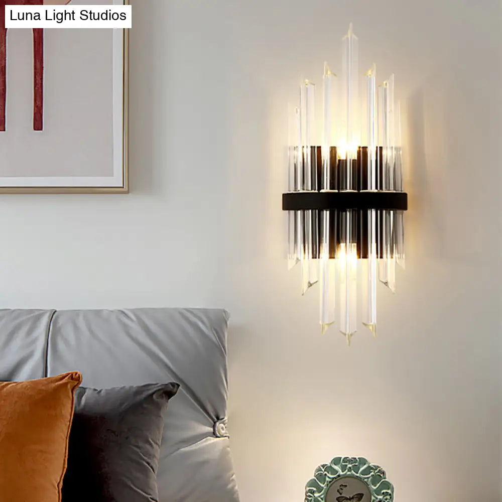 Crystal Prism Sconce Light: Contemporary 1/2-Pack Lamp With Square Black Backplate