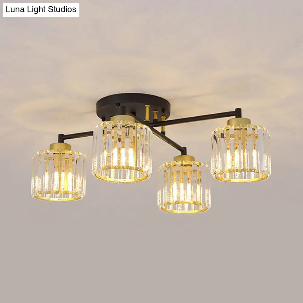 Crystal Rectangle Semi Flush Bedroom Light - Minimalist Black And Gold Flushmount With 4/6-Light