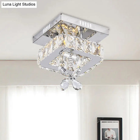 Cubic Crystal Led Bedroom Ceiling Light Fixture - 8’/12’ Width Semi Flush Mount Chrome Finish