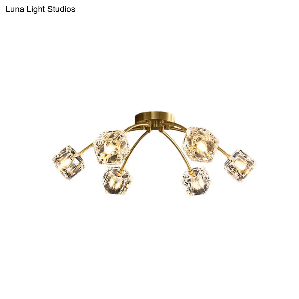 Cubic Restaurant Semi Flush Light With Clear Crystal Block - 6 - Light Brass Mount