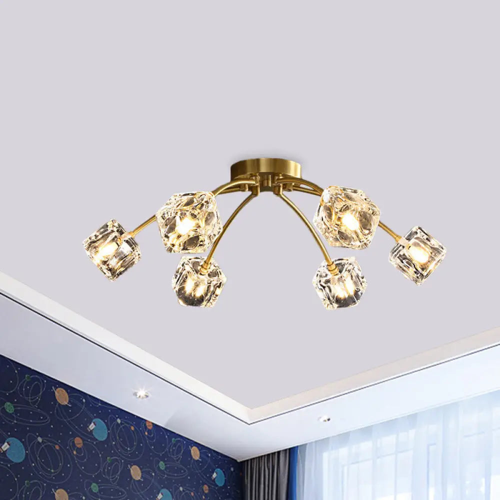 Cubic Restaurant Semi Flush Light With Clear Crystal Block - 6 - Light Brass Mount
