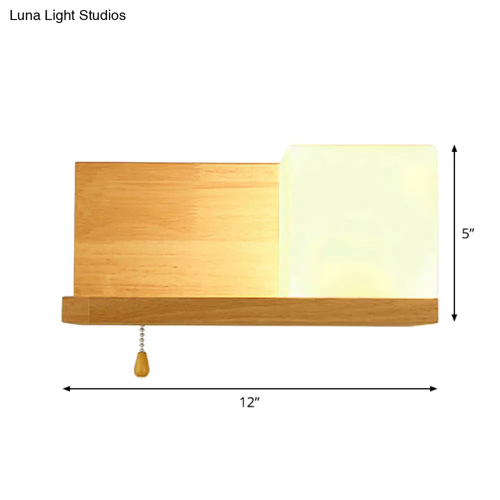 Cubic Wall Sconce Light With Opaque Glass And Wood Backplate In Beige