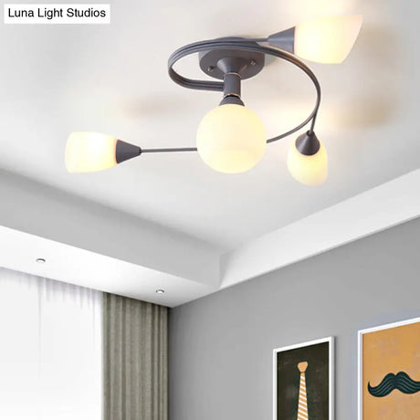 Curly Semi Flush Mount Ceiling Lamp With Nordic Iron & White Glass Shade - 4/6 Head Options In Grey