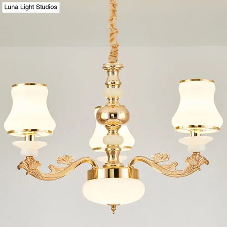 Curved Arm Metal Chandelier With Opal Glass Shade - Modern Hanging Lamp For Living Room
