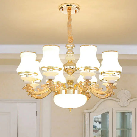 Curved Arm Metal Chandelier With Opal Glass Shade - Modern Hanging Lamp For Living Room 8 / White