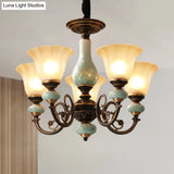 Curvy Armed Pendant Chandelier - Rural Style Black-Gold Metallic Ceiling Light With Blossom Shade
