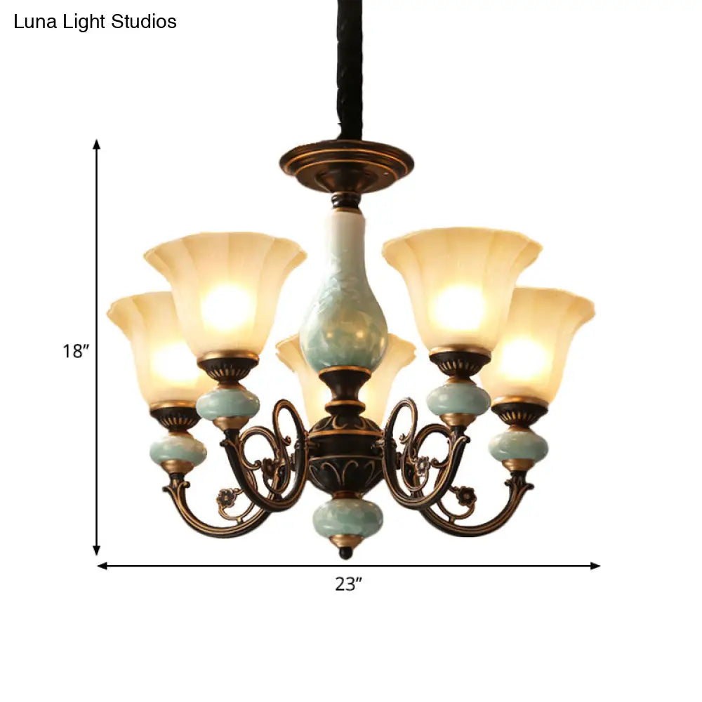 Curvy Armed Pendant Chandelier - Rural Style Black-Gold Metallic Ceiling Light With Blossom Shade