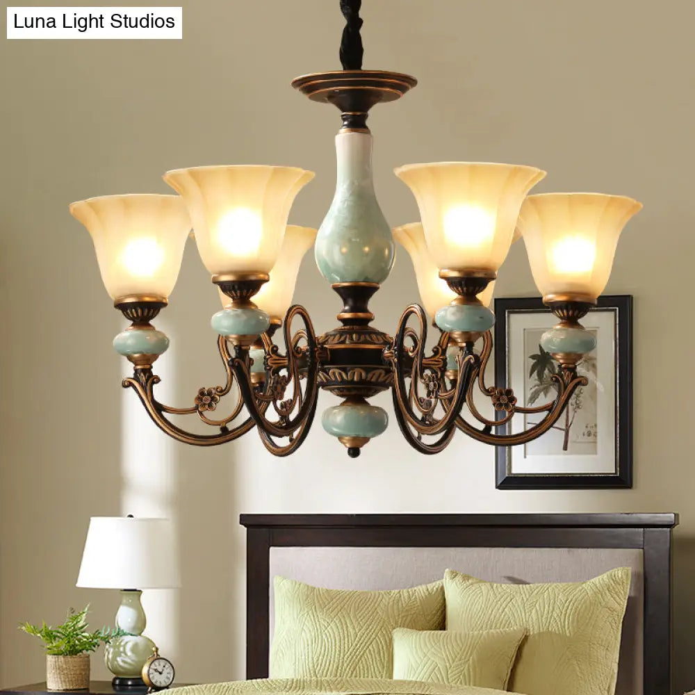 Curvy Armed Pendant Chandelier - Rural Style Black-Gold Metallic Ceiling Light With Blossom Shade